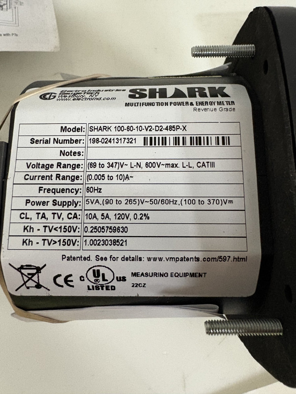 ELECTRO INDUSTRIES GAUGE TECH SHARK 100-60-10-V2-D2-485P-X