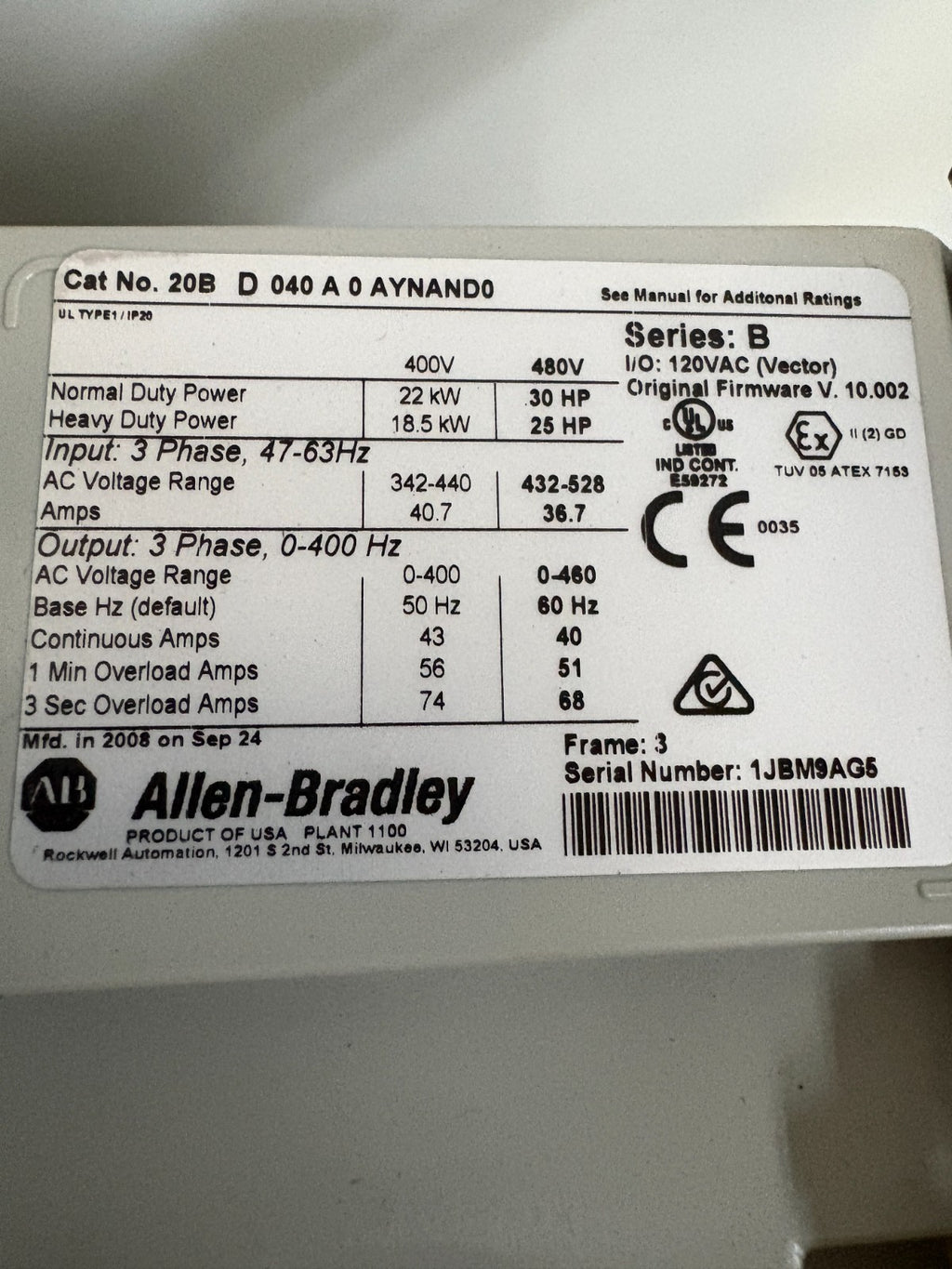 ALLEN BRADLEY POWERFLEX 700 30HP DRIVE 20B D 040 A O AYNANDO