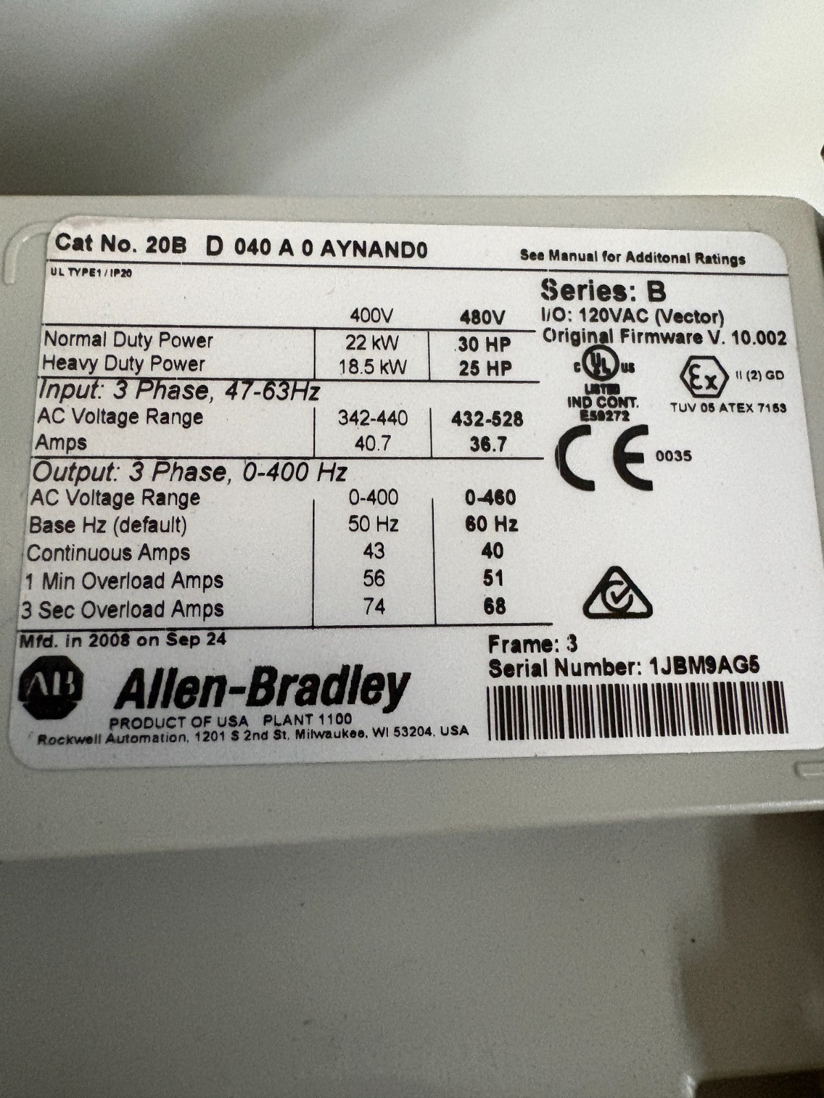 ALLEN BRADLEY POWERFLEX 700 30HP DRIVE 20B D 040 A O AYNANDO