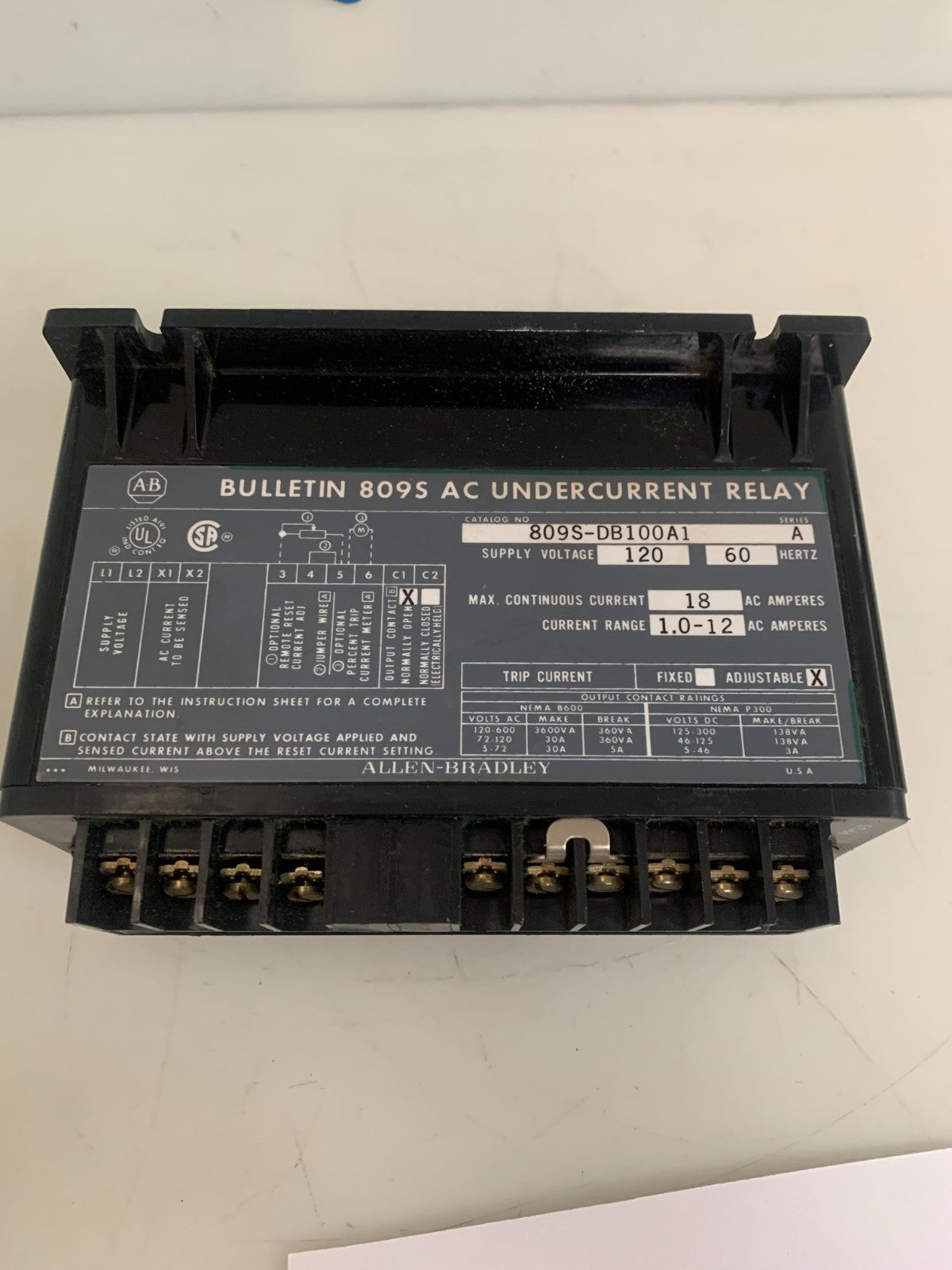 ALLEN BRADLEY AC UNDERCURRENT RELAY 809 S - DB100 A12