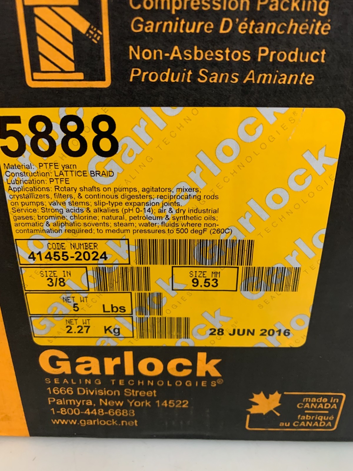 GARLOCK 3/8" 5LBS FLUID SEALING PACKING #5888