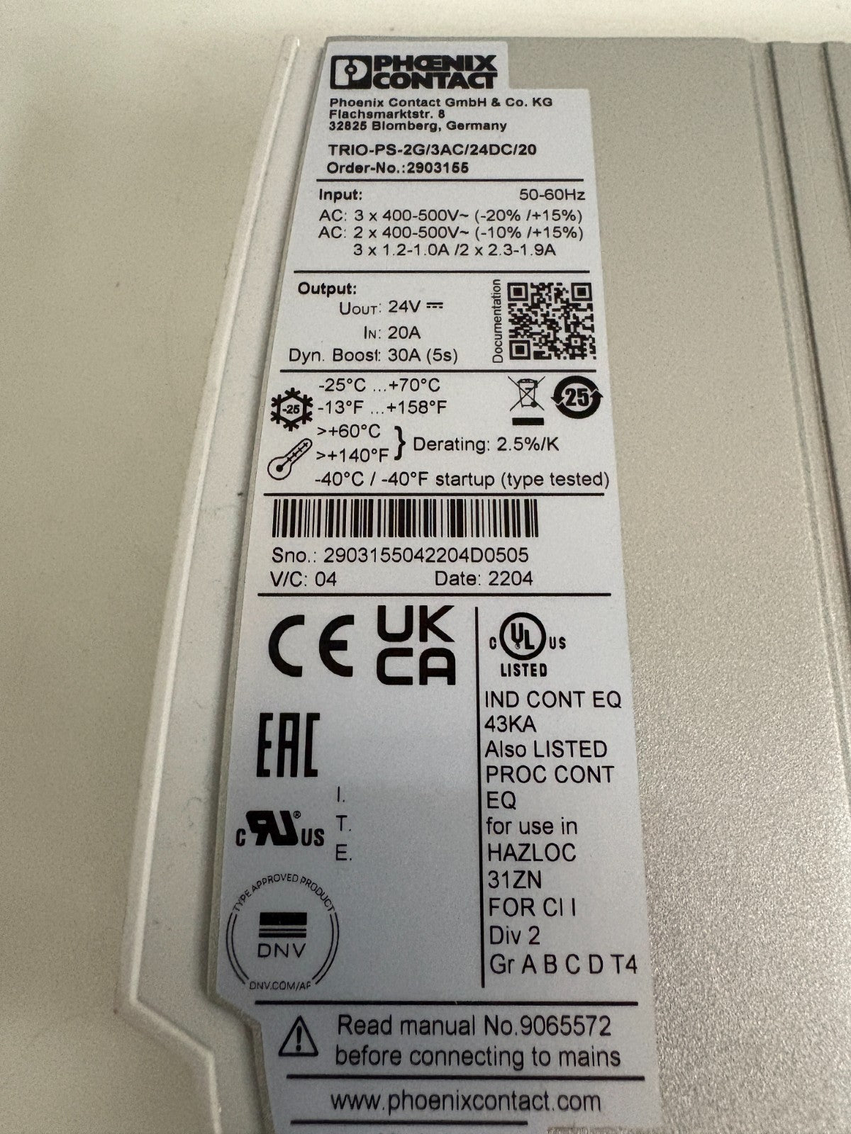 PHOENIX CONTACT POWER SUPPLY TRIO-PS-2G/3AC/24DC/20