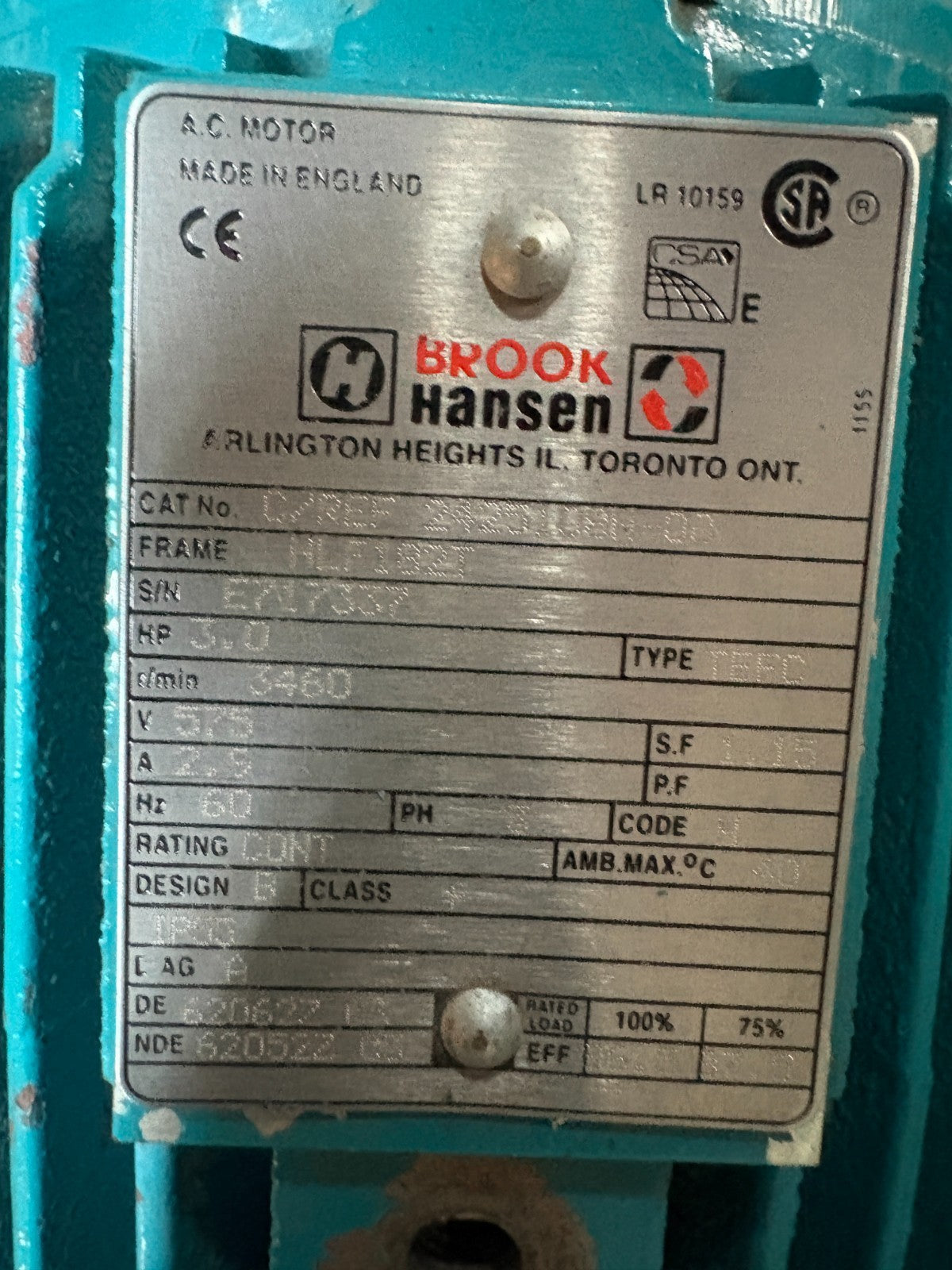 BROOK HANSEN 3HP MOTOR C/REF 2425108H-00 FRAME HLF182T