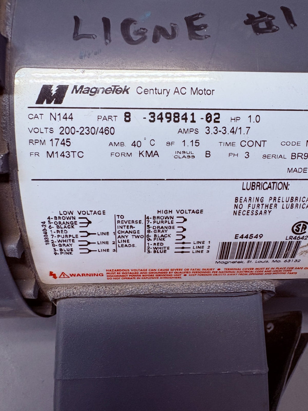 MAGNETEK AC MOTOR 1 HP N 144 #8-349841-02