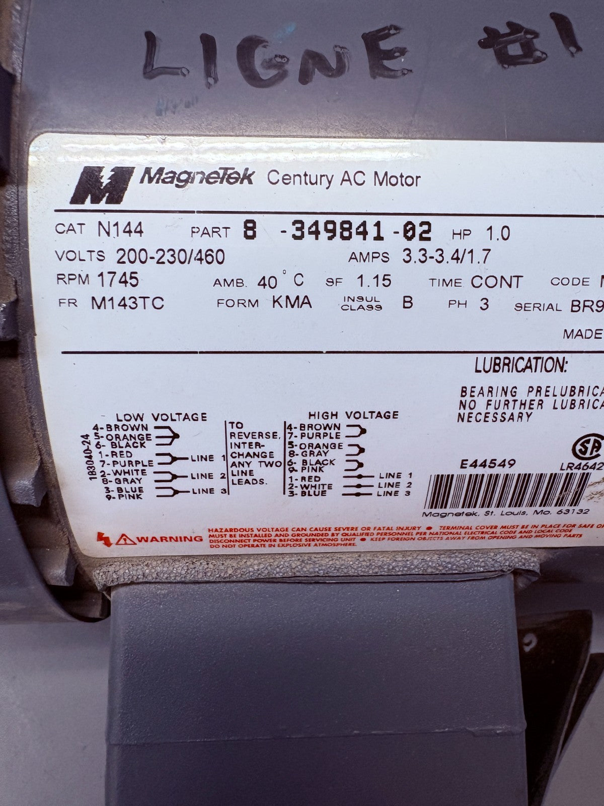 MAGNETEK AC MOTOR 1 HP N 144 #8-349841-02