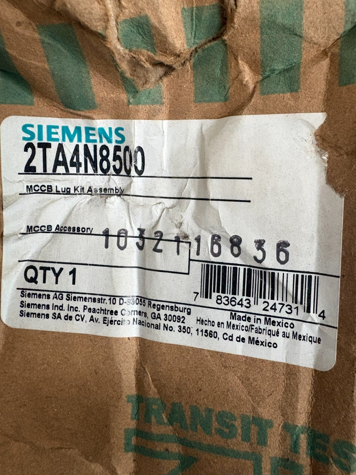 SIEMENS MCCB LUG KIT ASSY 2TA4N85001