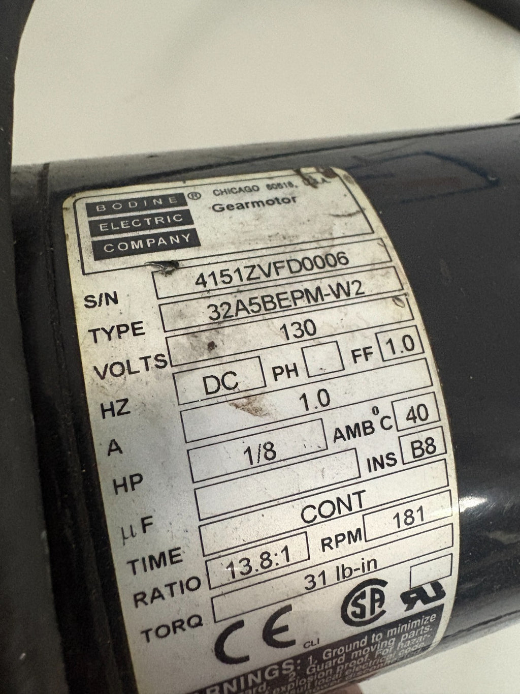 BODINE ELECTRIC CO. 1/8 HP 130V DC MOTOR 32A5BEPM-W21