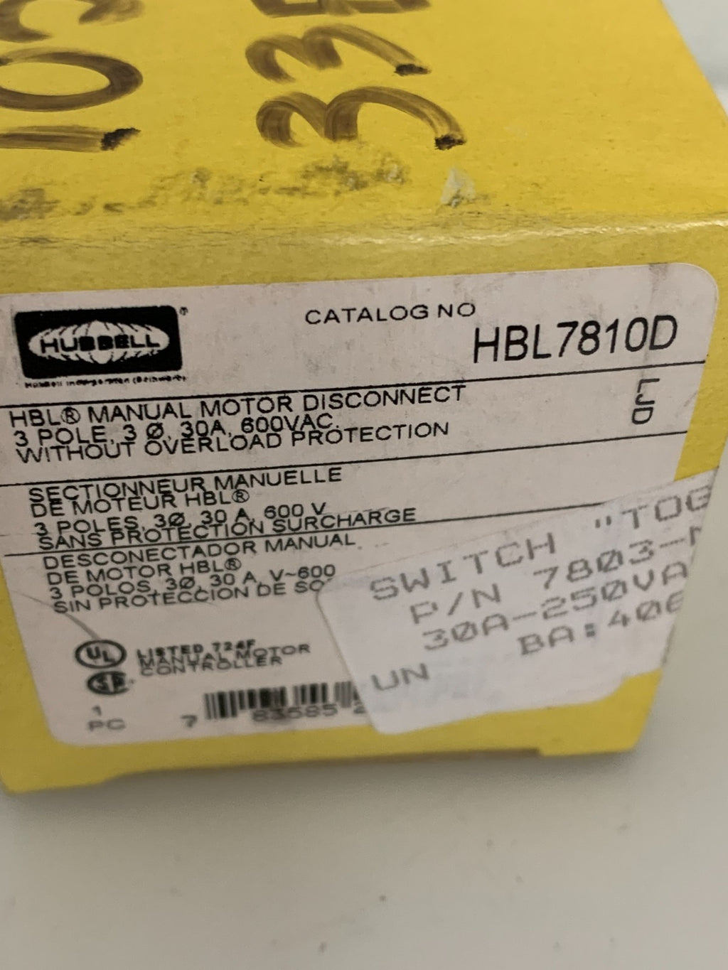 HUBBELL MANUAL MOTOL DISCONNECT SWITCH HBL 7810D
