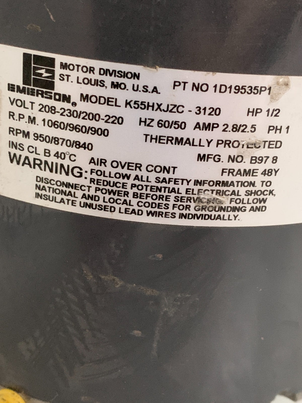 EMERSON LIEBERT BLOWER MOTOR #1D19535PI MODEL K55HXJZC