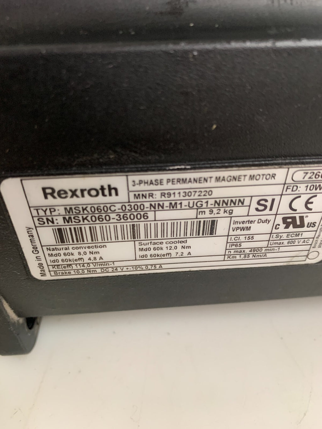 REXROTH 3 PHASE PERMANENT MAGNET MOTOR MSK060C-0300-NN-M1-UG1-NNNN