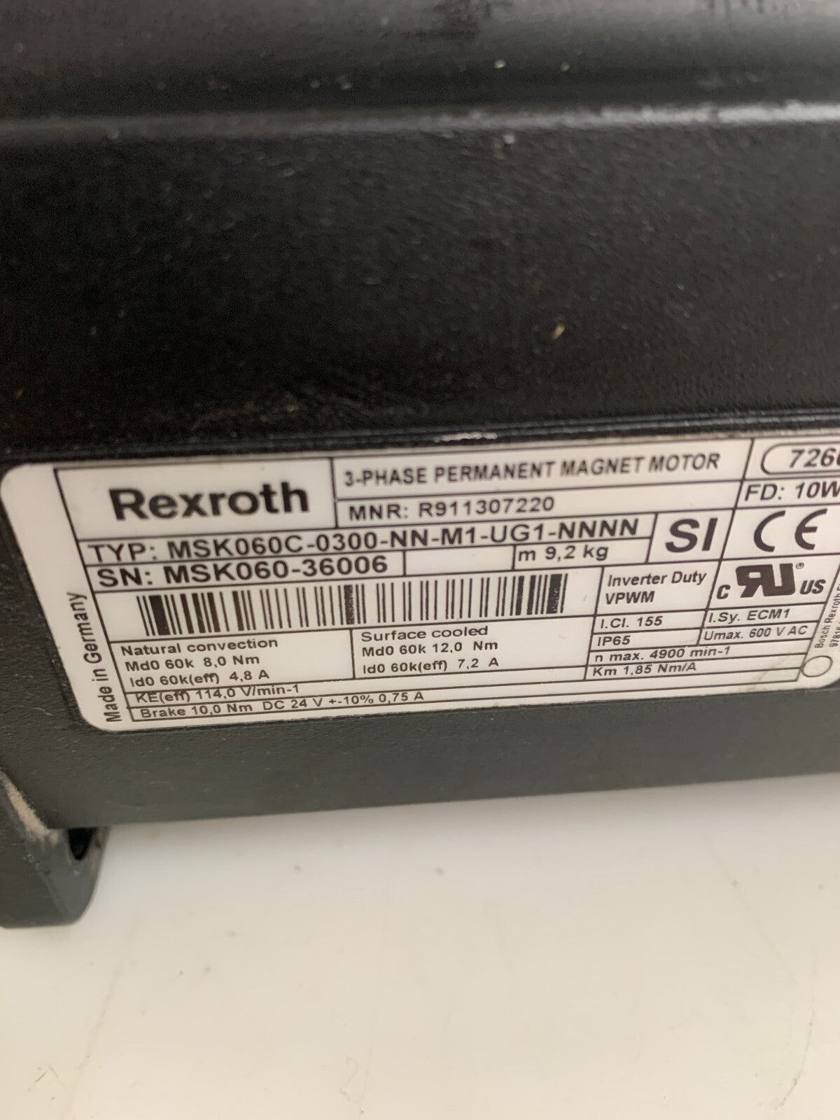 REXROTH 3 PHASE PERMANENT MAGNET MOTOR MSK060C-0300-NN-M1-UG1-NNNN