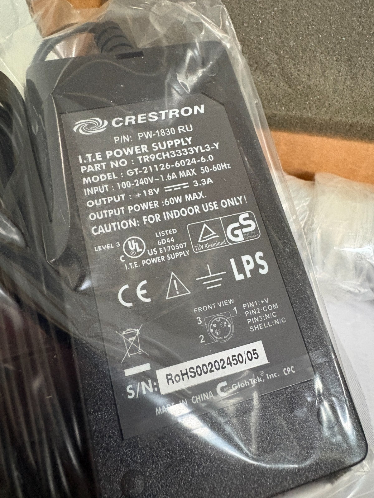 CRESTRON 18V POWER SUPPLY FOR IMEDIA RECEIVER #PW-1830 RU