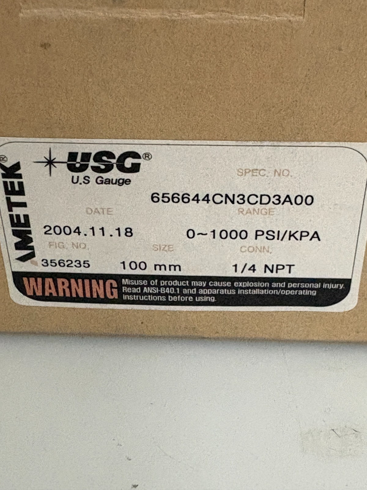 AMETEK USG GAUGE 0-1000 PSI/KPA 1/4NPT #3562353