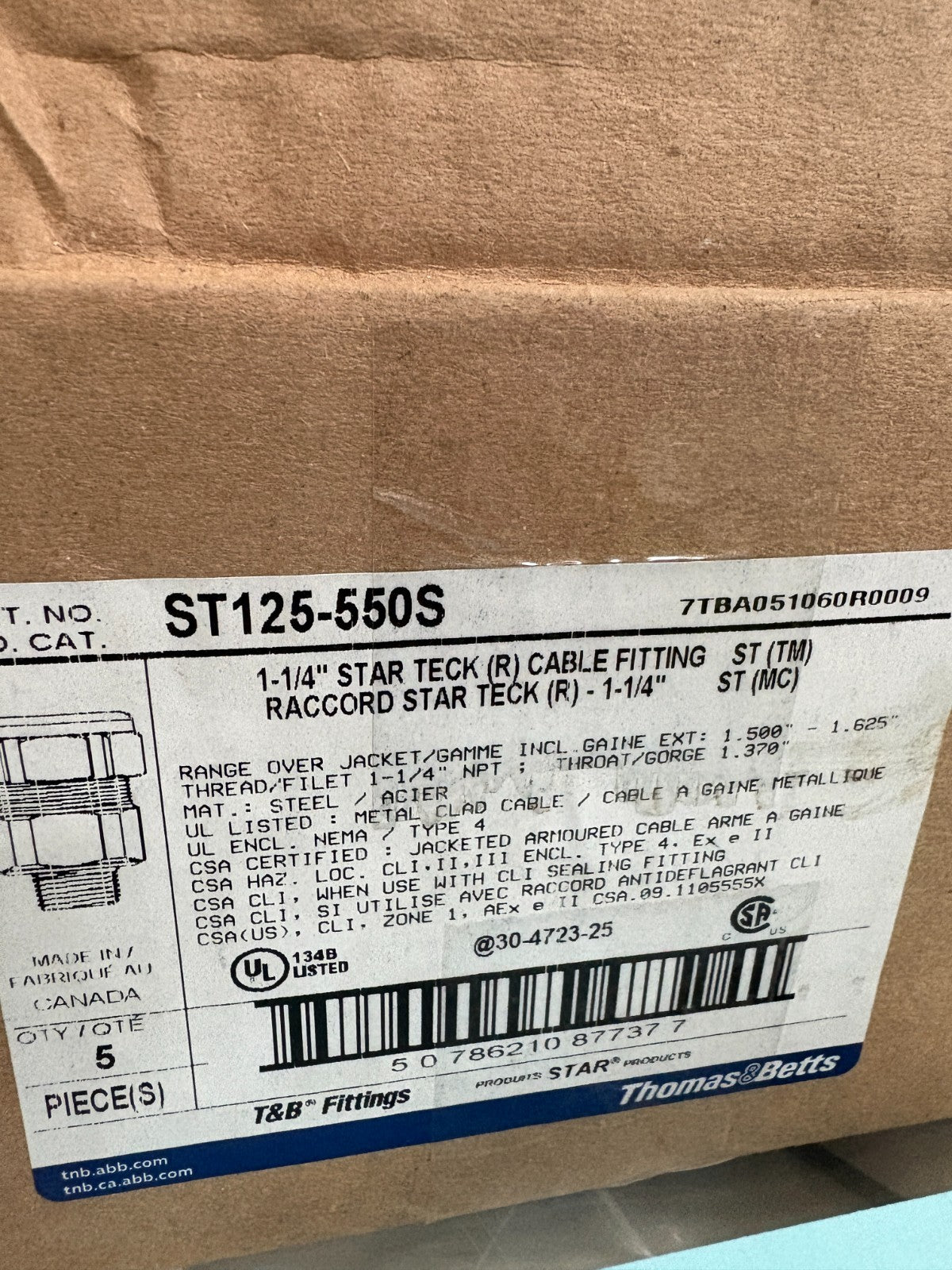 LOT OF 4 ABB THOMAS & BETTS 1 1/4 STAR TECK CABLE FITTING ST 125-550S3