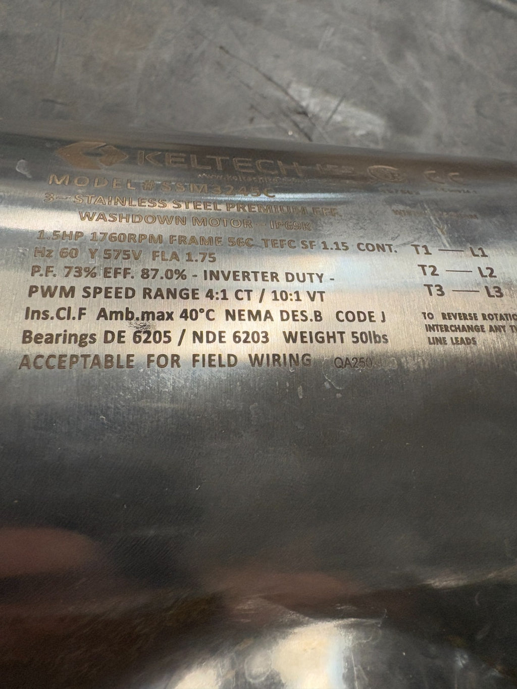 KELTECH S STEEL WASHDOWN MOTOR 1.5HP 1750 RPM W/CONNECTOR CABLE