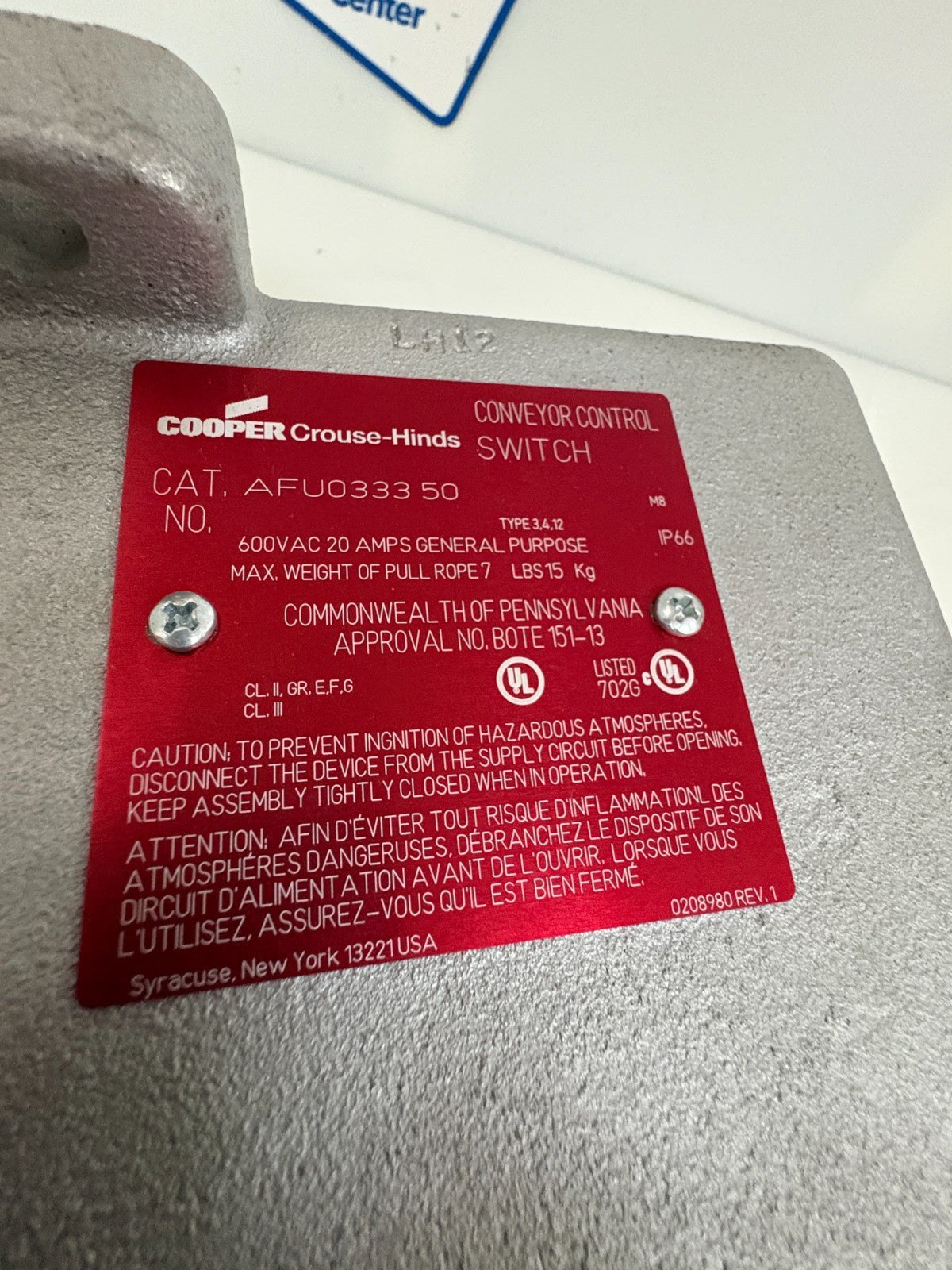 COOPER CROUSE-HINDS CONVEYOR CONTROL SWITCH AFU0333 504
