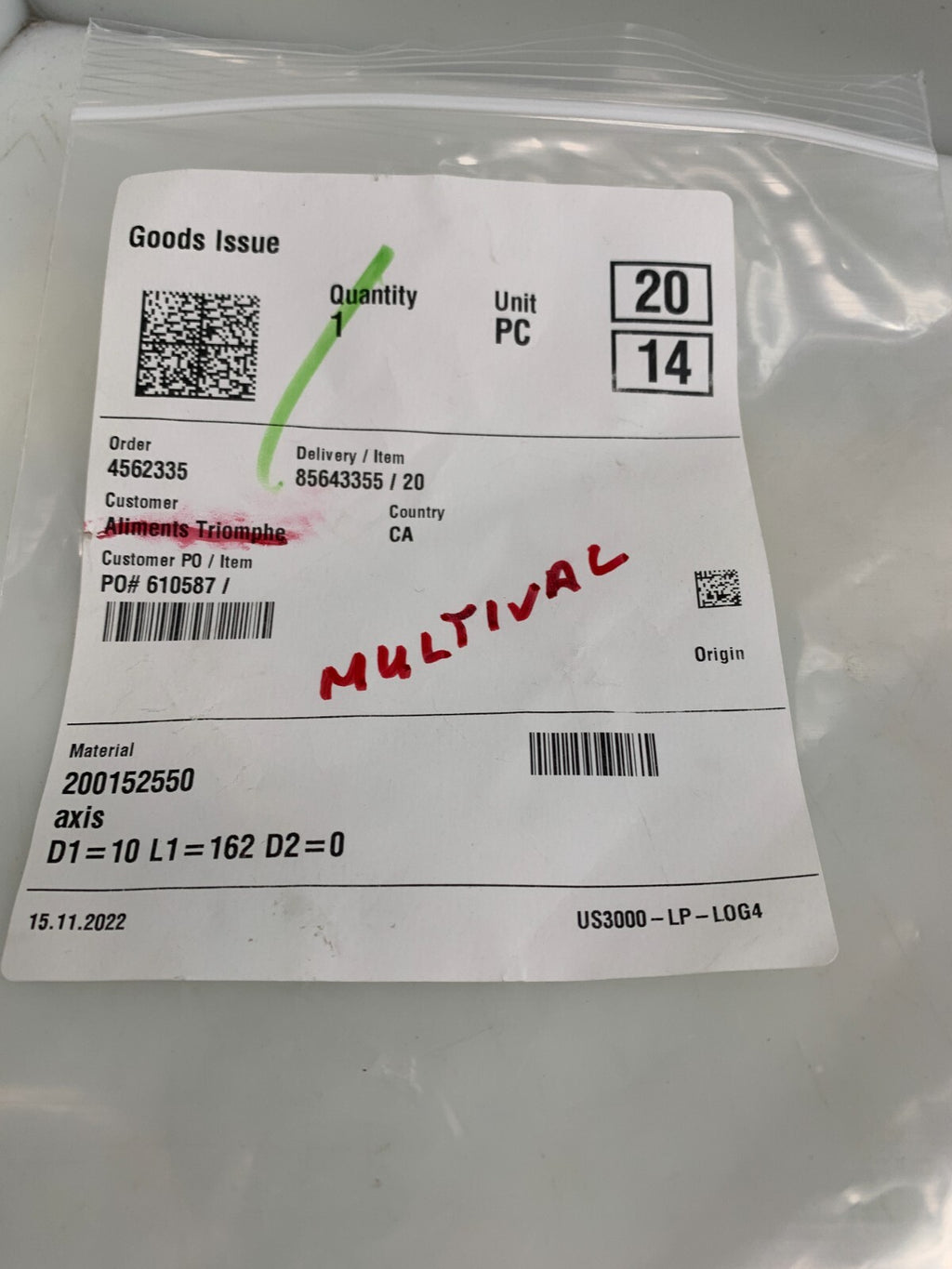 Multivac Axis Shaft 85643355/20