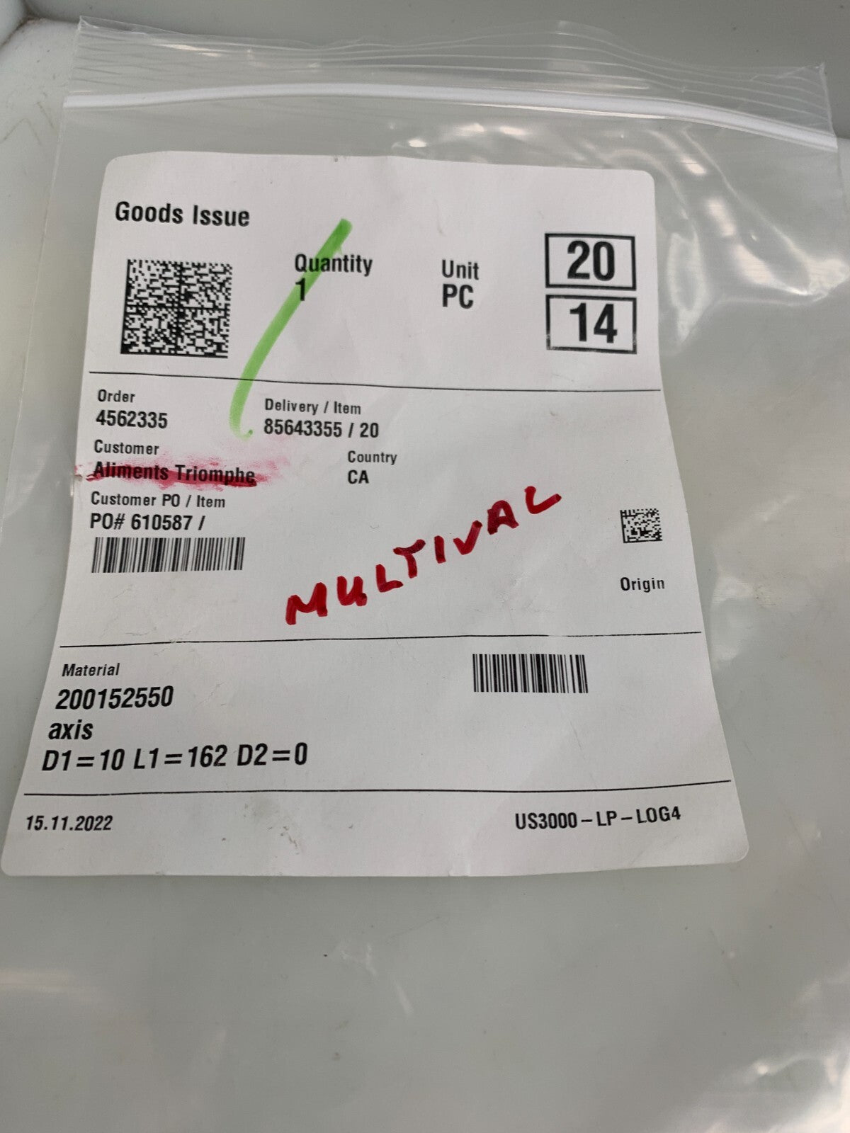 Multivac Axis Shaft 85643355/20