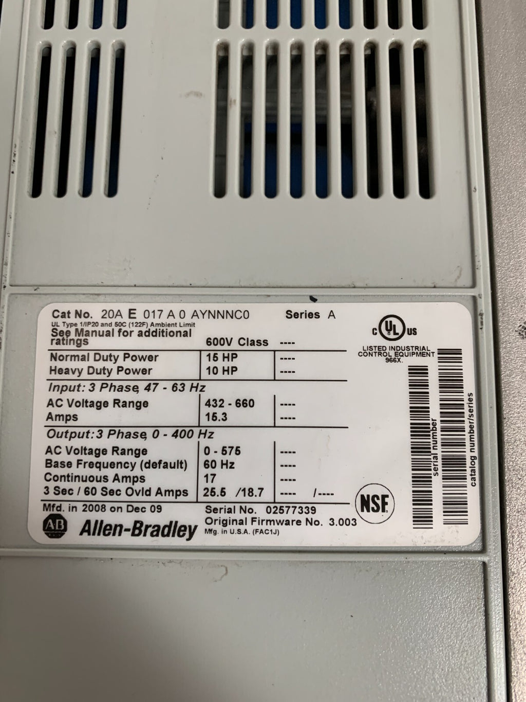 ALLEN BRADLEY POWERFLEX 70 10/15 HP 20 A E 017 A AYNNNC 0 SERIES A