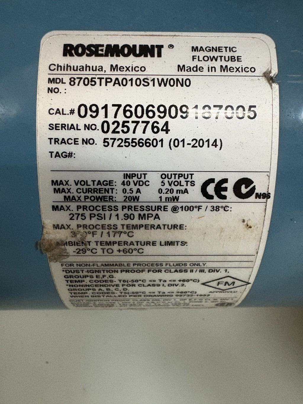 ROSEMOUNT MAGNETIC FLOWTUBE 8705TPA010S1W0N0