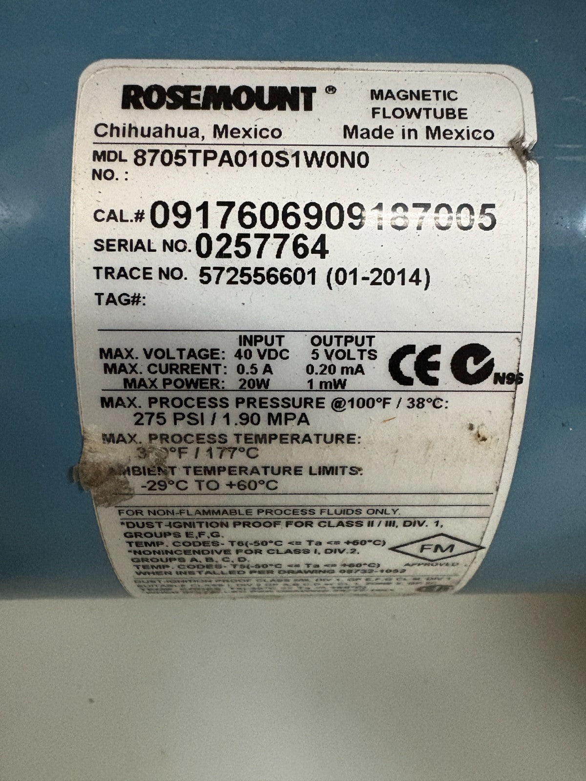 ROSEMOUNT MAGNETIC FLOWTUBE 8705TPA010S1W0N0