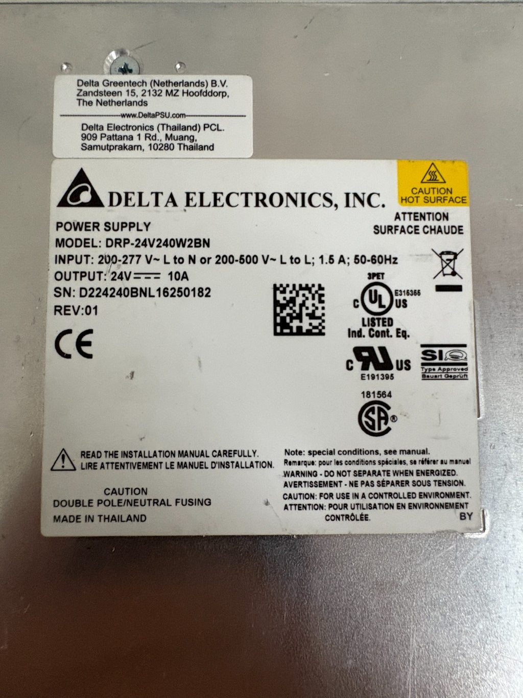 DELTA ELECTRONICS SWITCHING POWER SUPPLY DRP-24V 240 W2BN