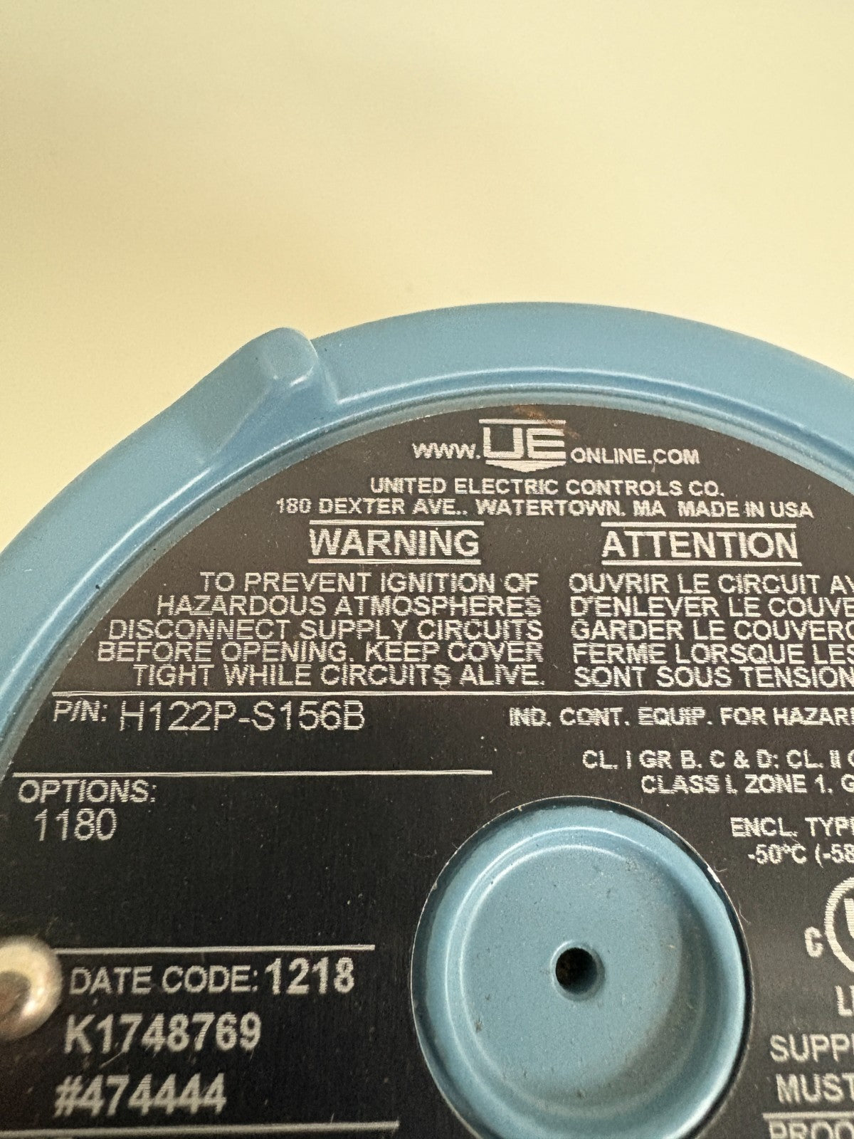 UNITED ELECTRIC PRESSURE SWITCH H122P-S156B