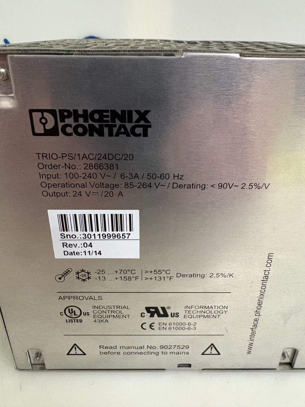 PHOENIX CONTACT POWER SUPPLY TRIO-PS/1AC/24DC/20