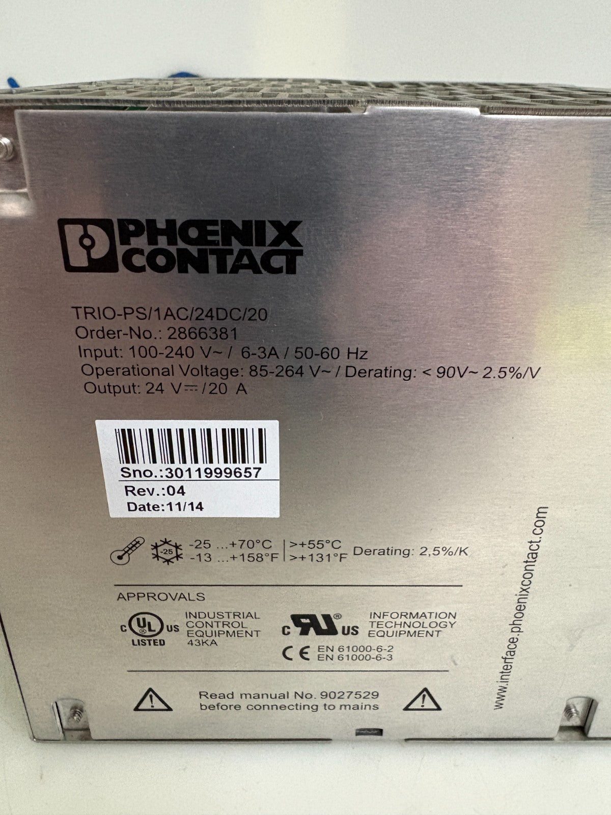 PHOENIX CONTACT POWER SUPPLY TRIO-PS/1AC/24DC/20