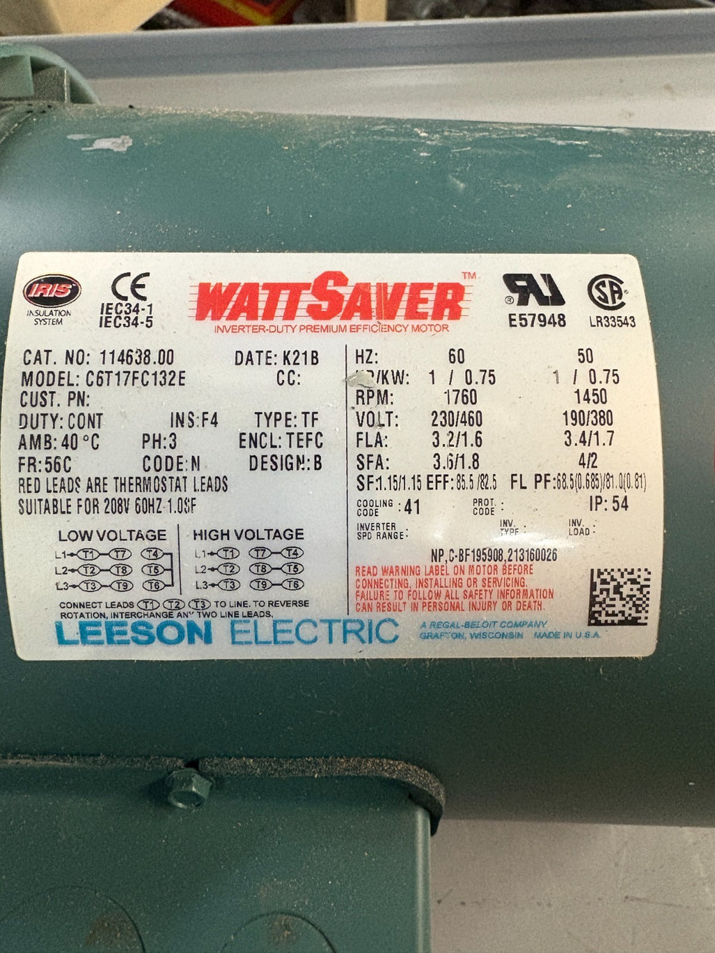 LEESON WATTSAVER 1HP PREMIUM MOTOR MODEL C6T17FC132E CAT #114638.001