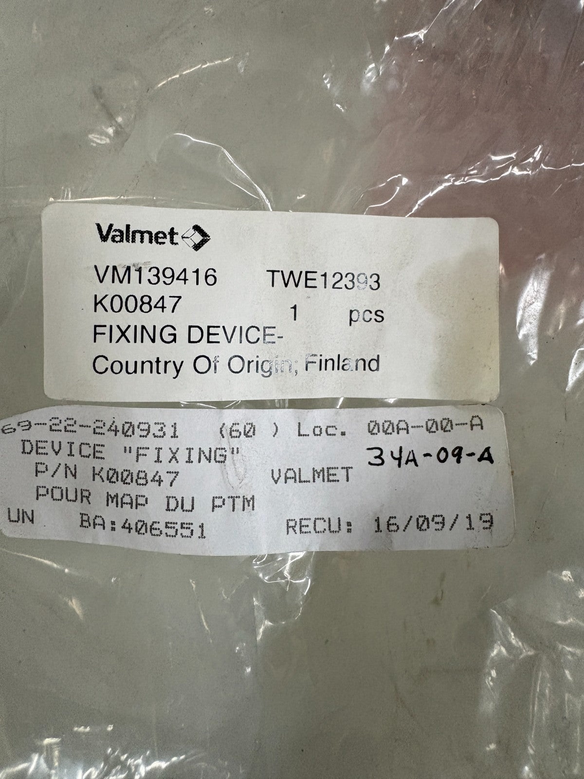 VALMET FIXING DEVICE #K00847 VM139416 TWE123934