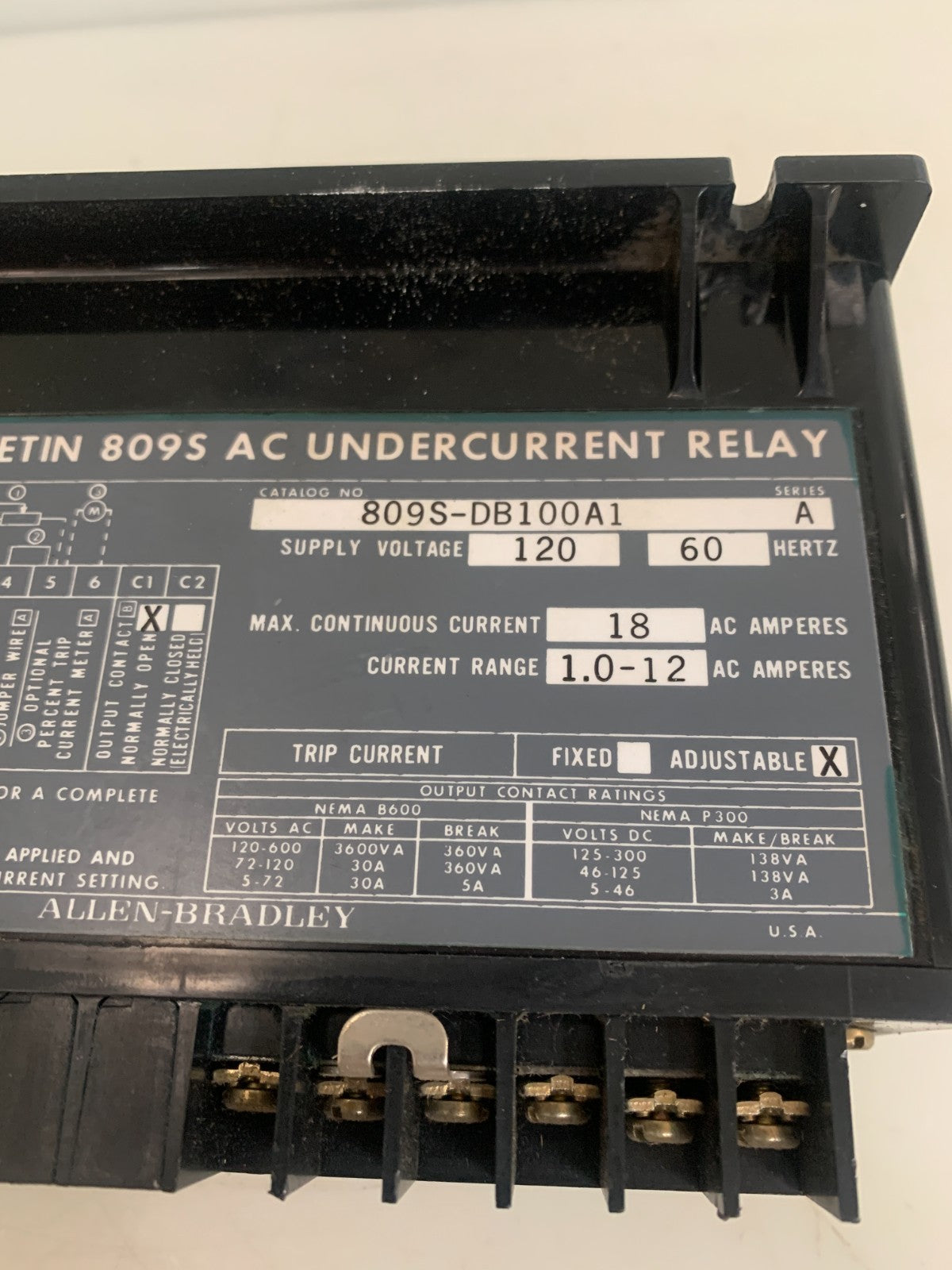 ALLEN BRADLEY AC UNDERCURRENT RELAY 809 S - DB100 A1