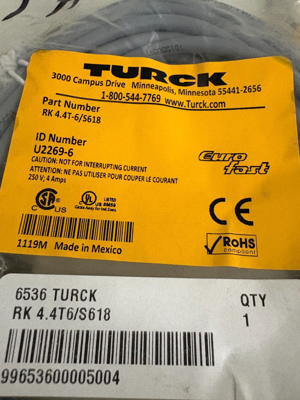 TURCK EURO FAST CONNECTOR CABLE RK4.4T-6/S 618