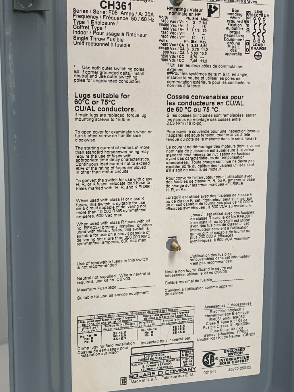 SQUARE D HEAVY DUTY SAFETY SWITCH 30 AMP 600V 40275-991-01