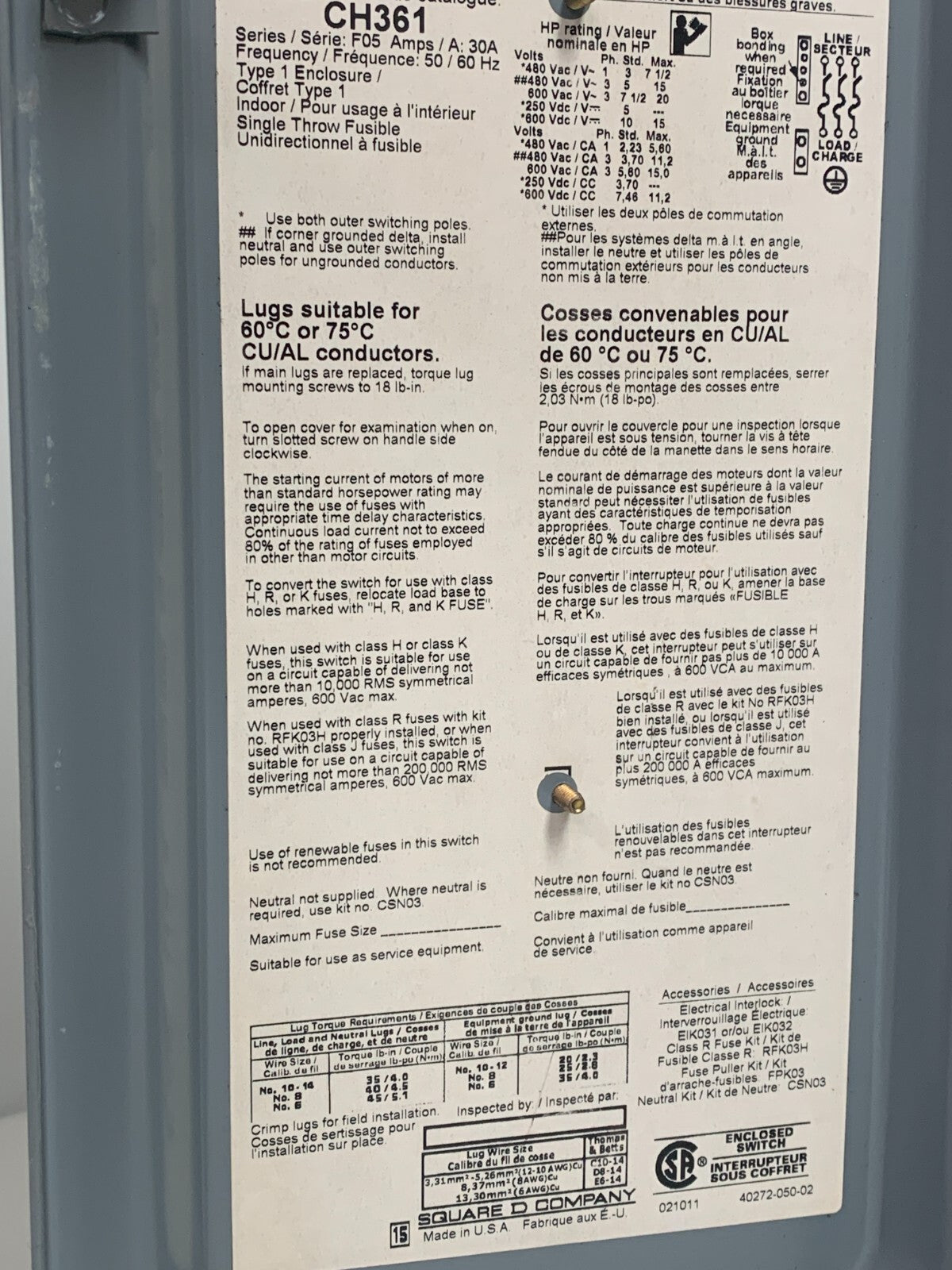 SQUARE D HEAVY DUTY SAFETY SWITCH 30 AMP 600V 40275-991-01