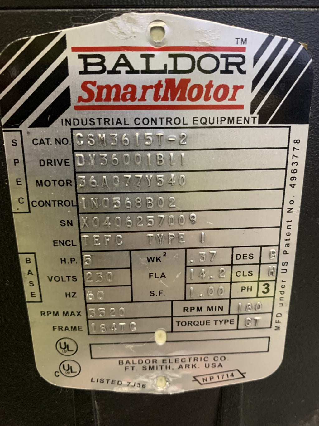 ABB BALDOR SMART MOTOR CSM3615T-2 5 HP 36A077Y5401