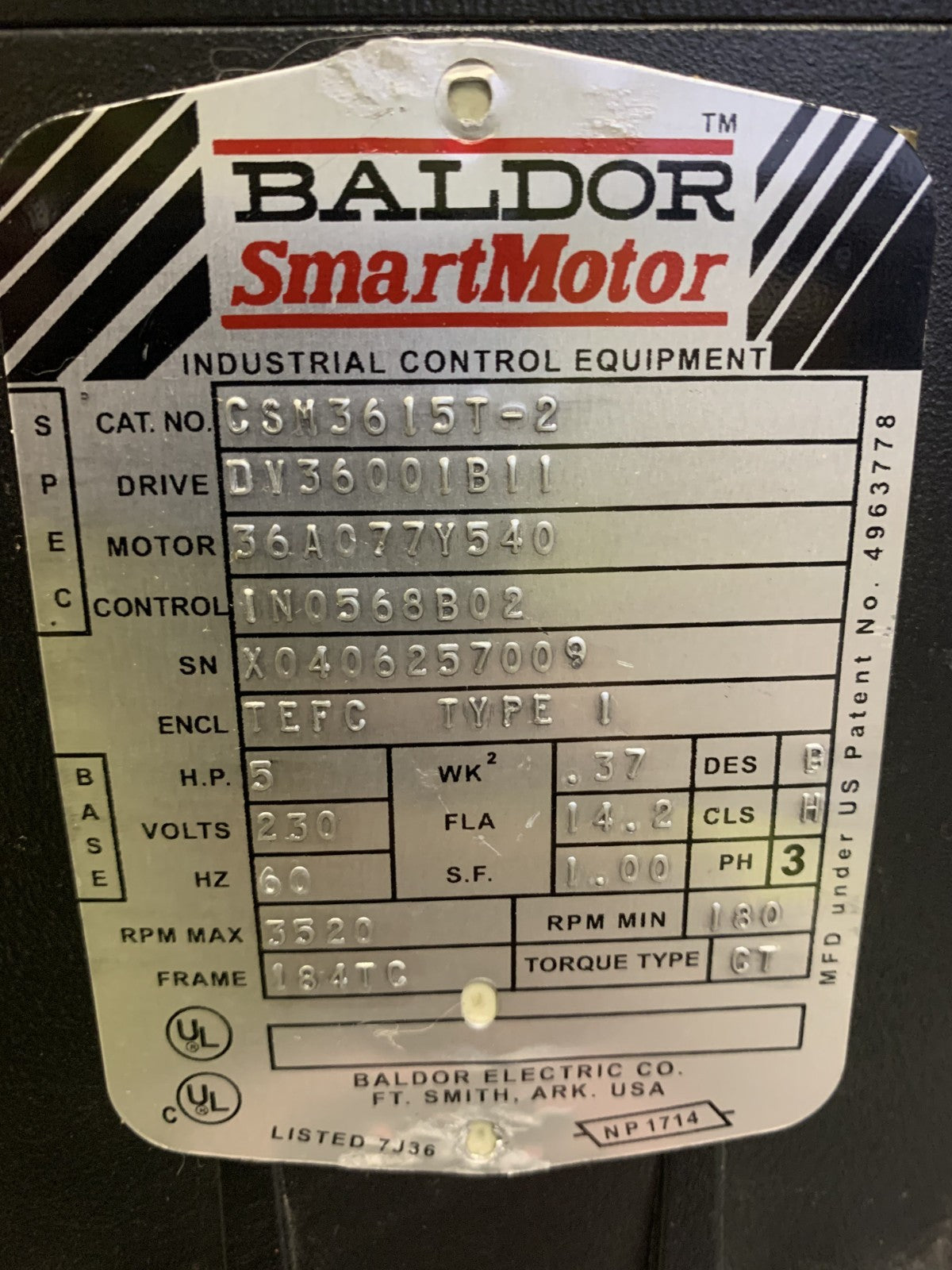 ABB BALDOR SMART MOTOR CSM3615T-2 5 HP 36A077Y5401