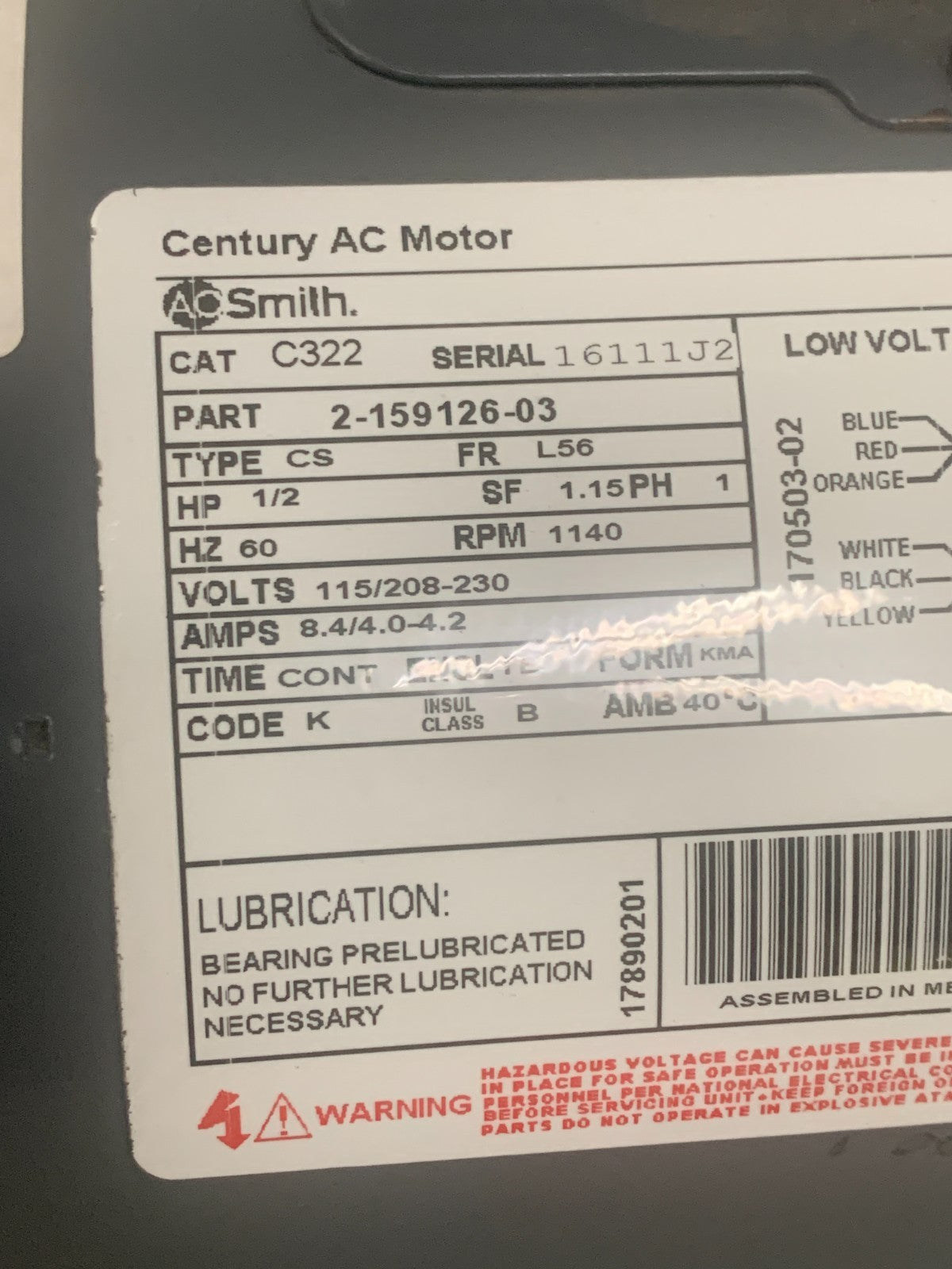 CENTURY AC MOTOR AC SMITH 1/2 HP MOTOR MODEL C 322 PART#2-159126-03