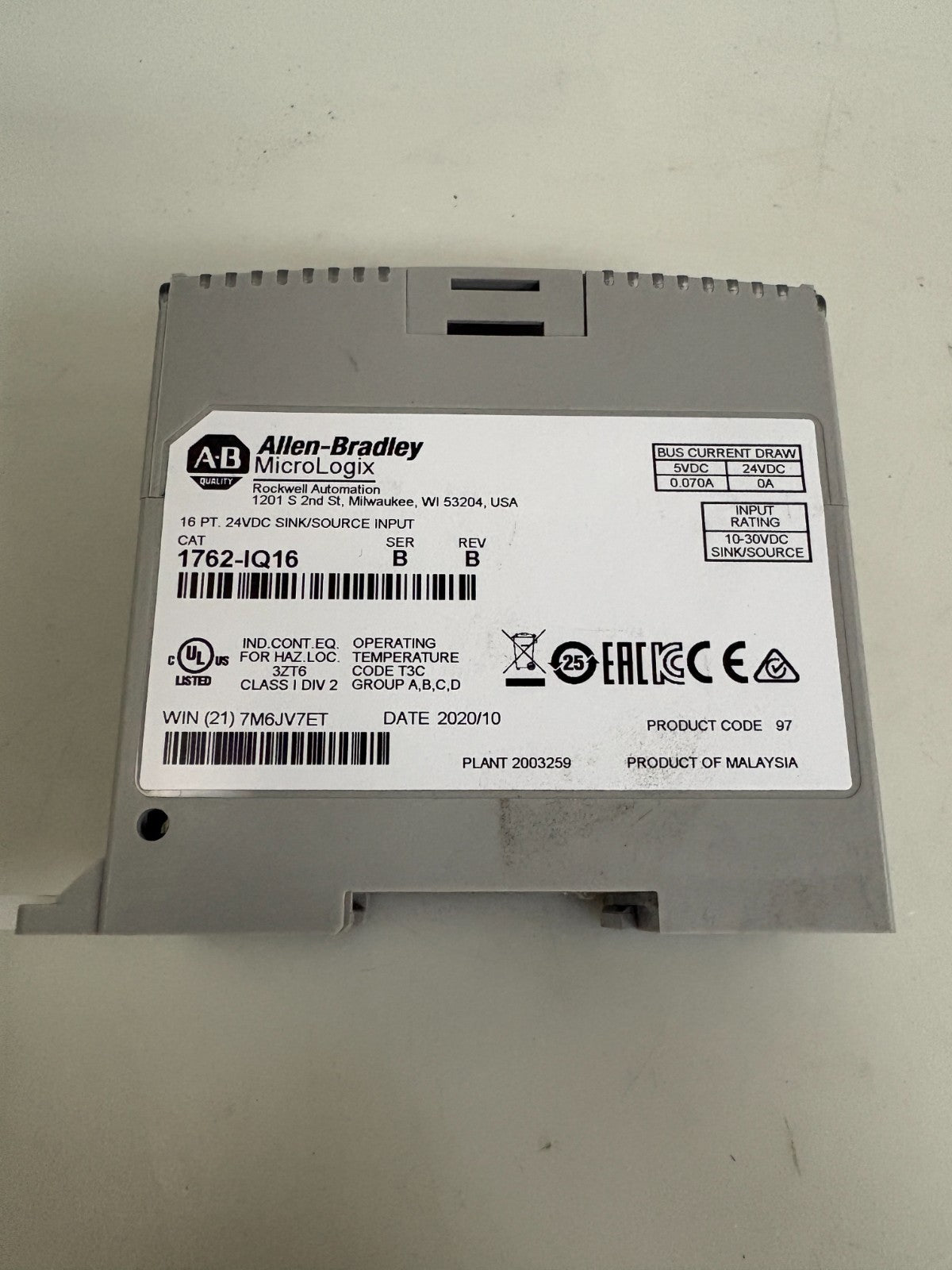 ALLEN BRADLEY MICROLOGIX 16 PT 24VDC SINK/SOURCE INPUT 1762-IQI6 SERB REVB1