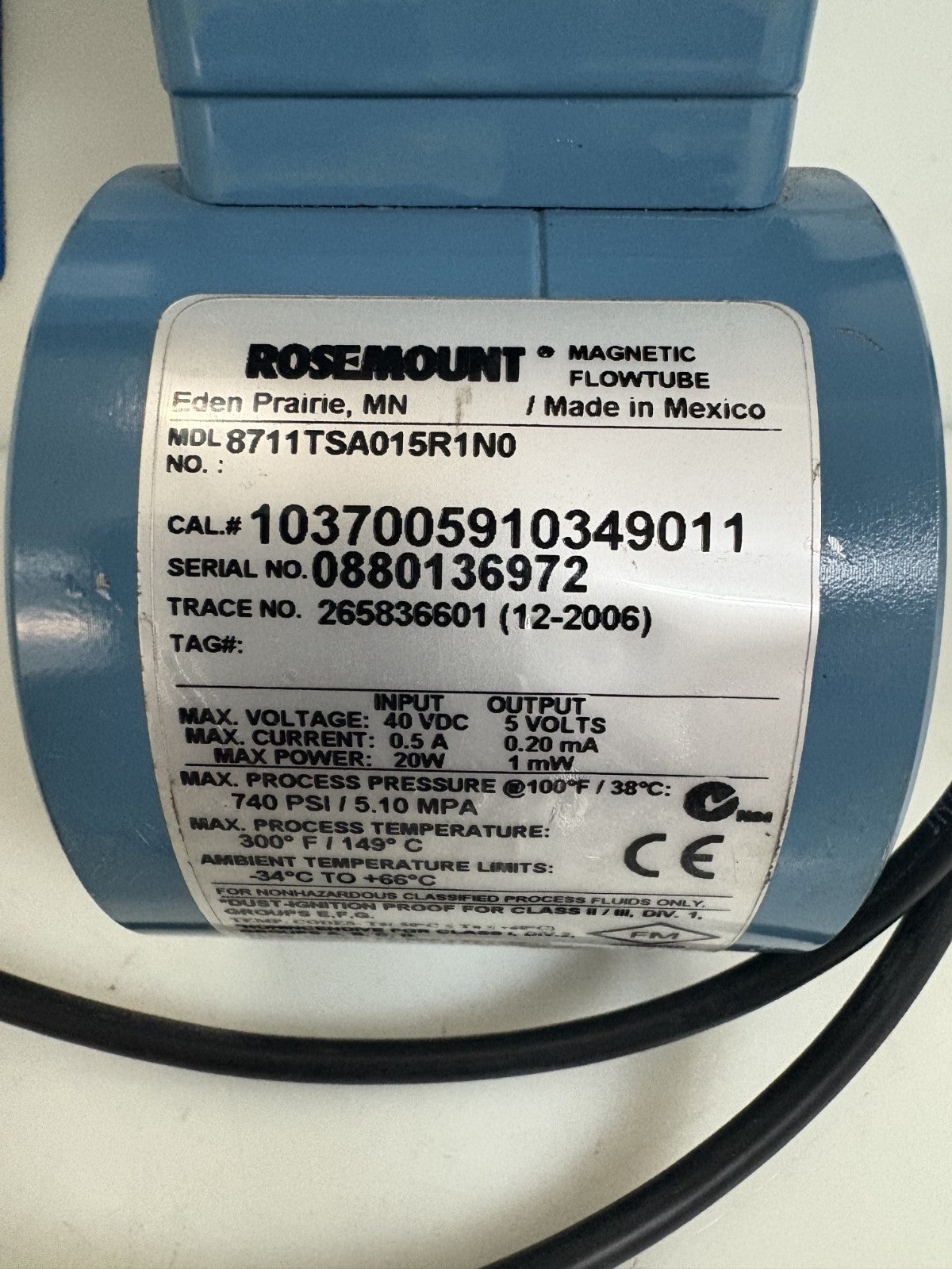 EMERSON ROSEMOUNT MAGNETIC FLOWTUBE 8711TSA015R1N02
