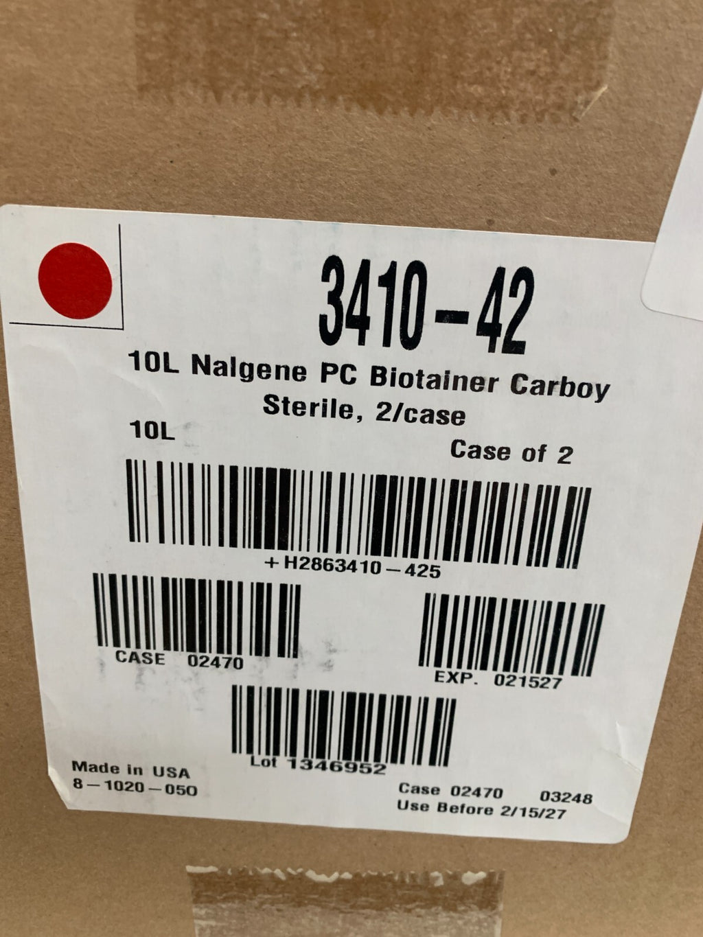 Thermo Scientific Cat No 3410-42 Nalgene Biotainer Bottles Carboys 10L 2/cs