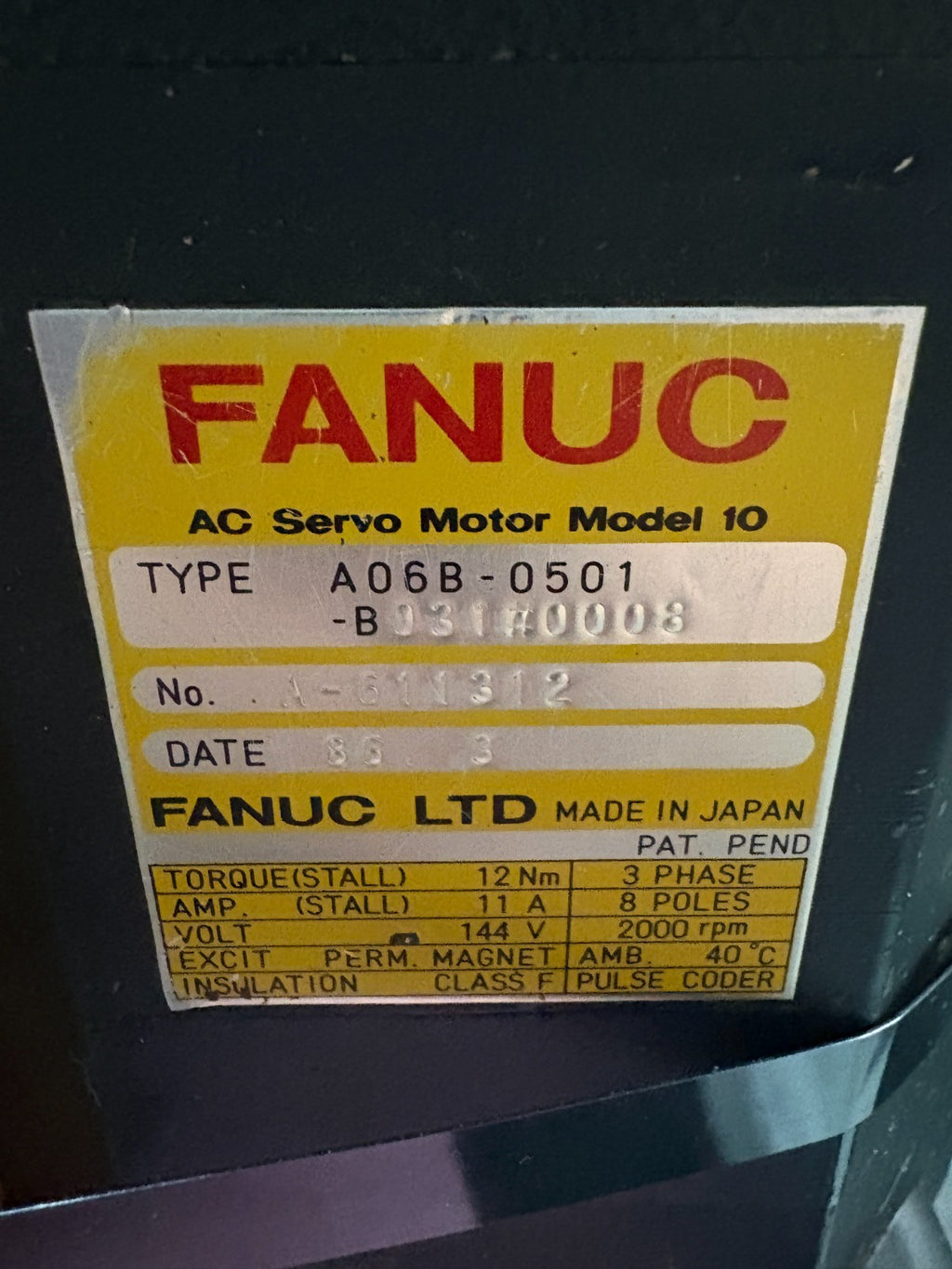 GE FANUC SERVO MOTOR MODEL 10 TYPE A06B-0501-B031