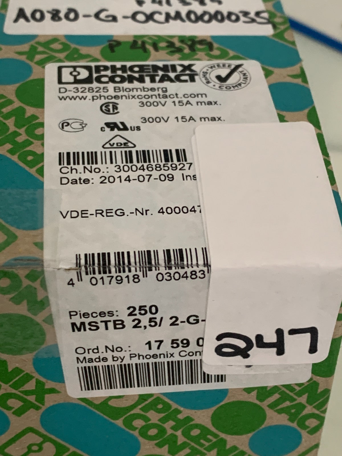 LOT OF 240 PHOENIX CONTACT TERMINAL CONNECTOR 300V 15 A MSTB 2,5/2-G-5,08