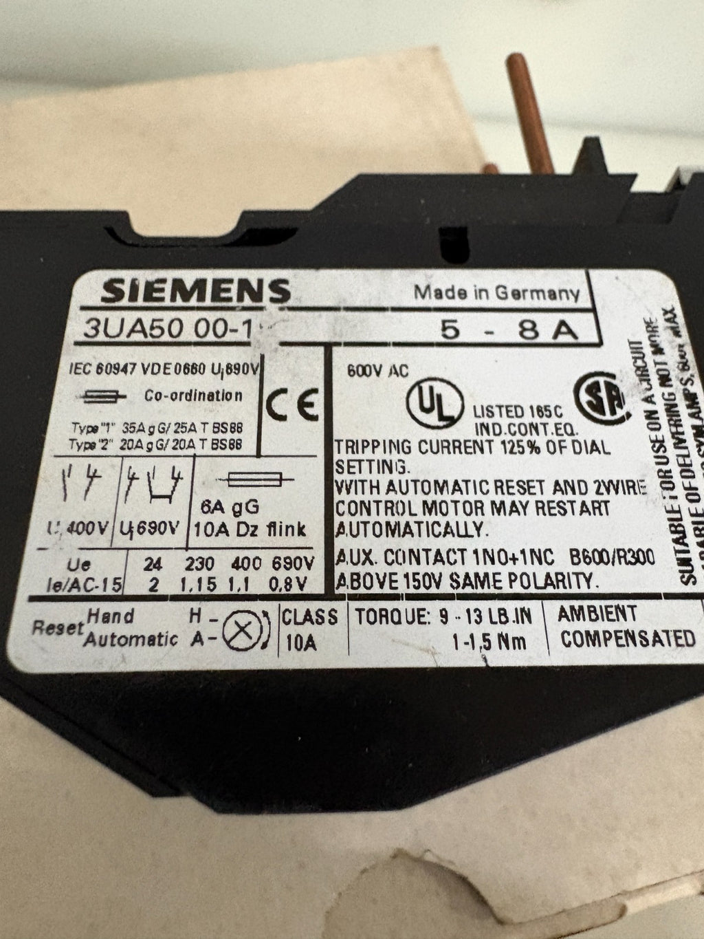 SIEMENS OVERLOAD RELAY 3UA50 00-1 H 2