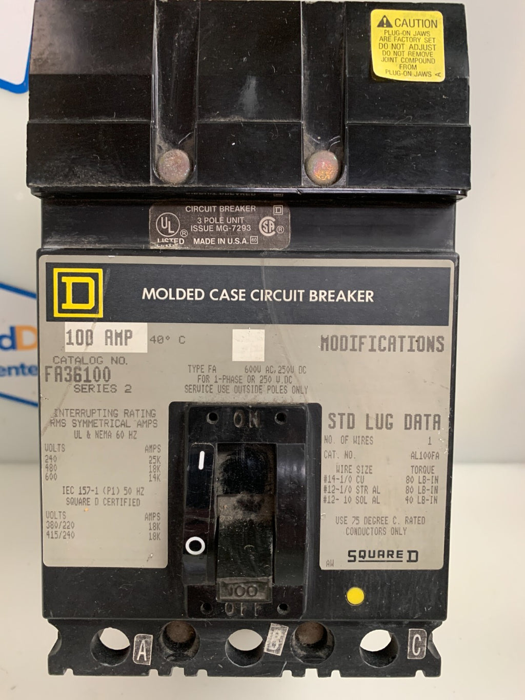 SQUARE D CIRCUIT BREAKER FA36100 SERIES 2 100 AMP 3PN