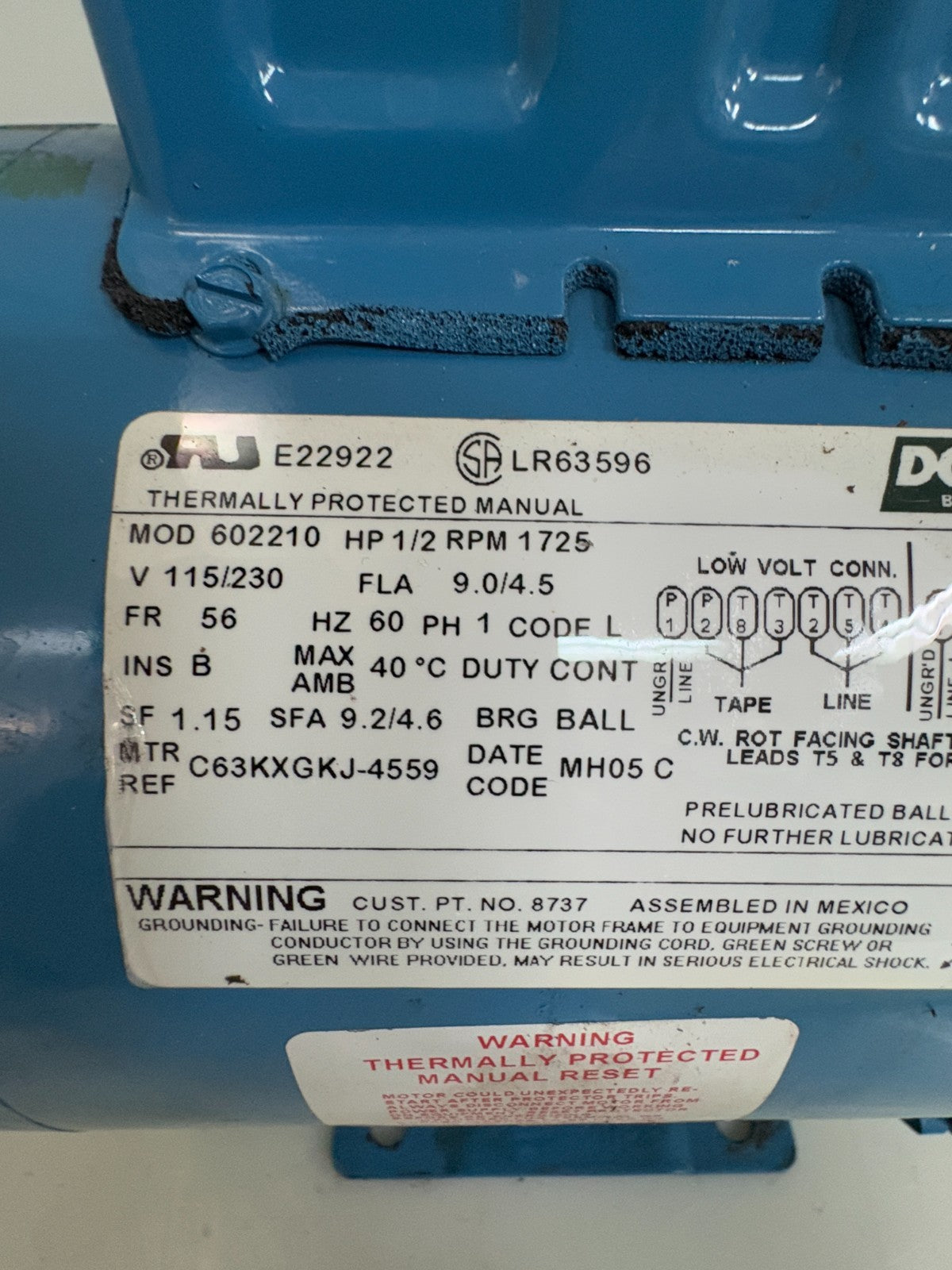 DOERR 1/2 HP 1725 RPM MOTOR #6022101