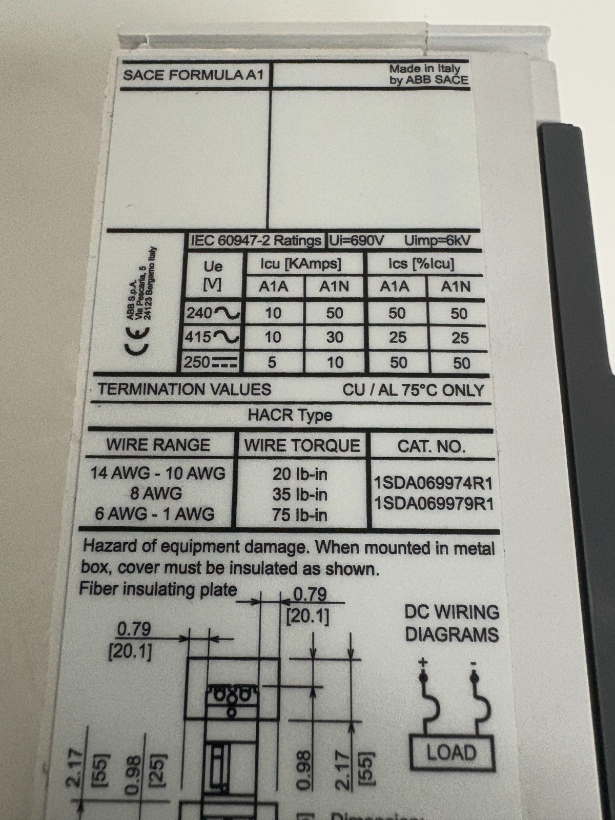 ABB FORMULA BREAKER SACE FORMULA A1A 1003