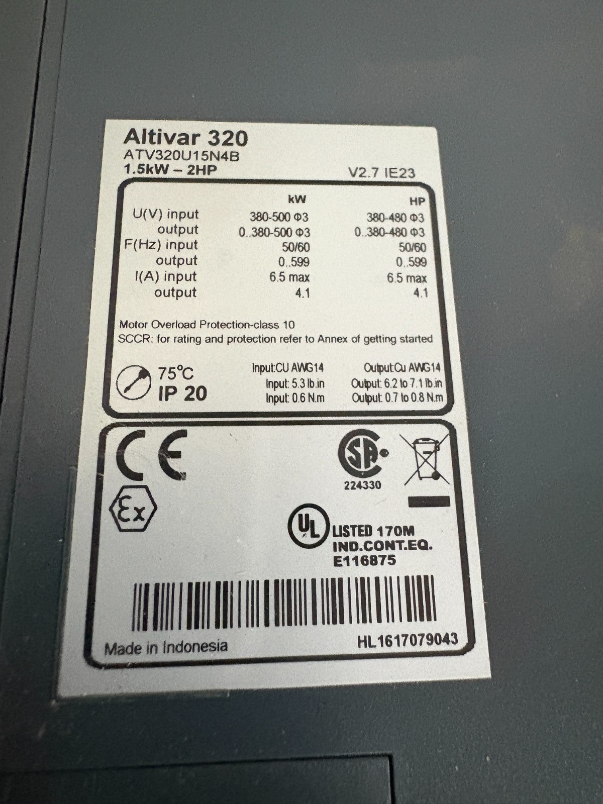 SCHNEIDER ALTIVAR 2HP DRIVE ATV320U15N4B3