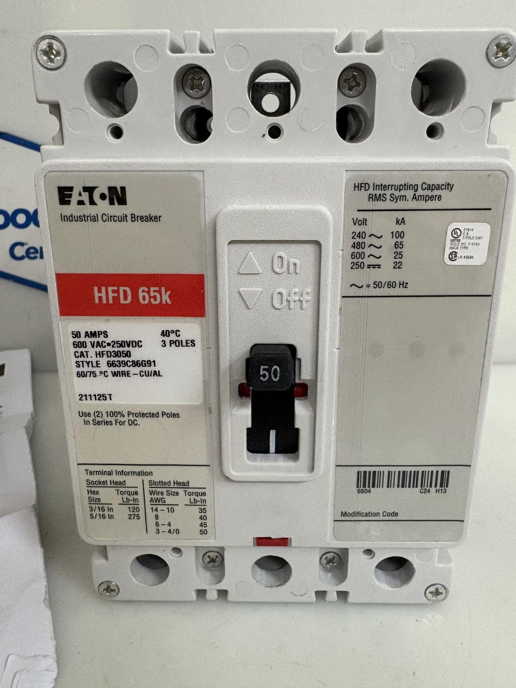 EATON 50 AMP CIRCUIT BREAKER #HFD 65K #HFD3050  STYLE 6639 C86G91