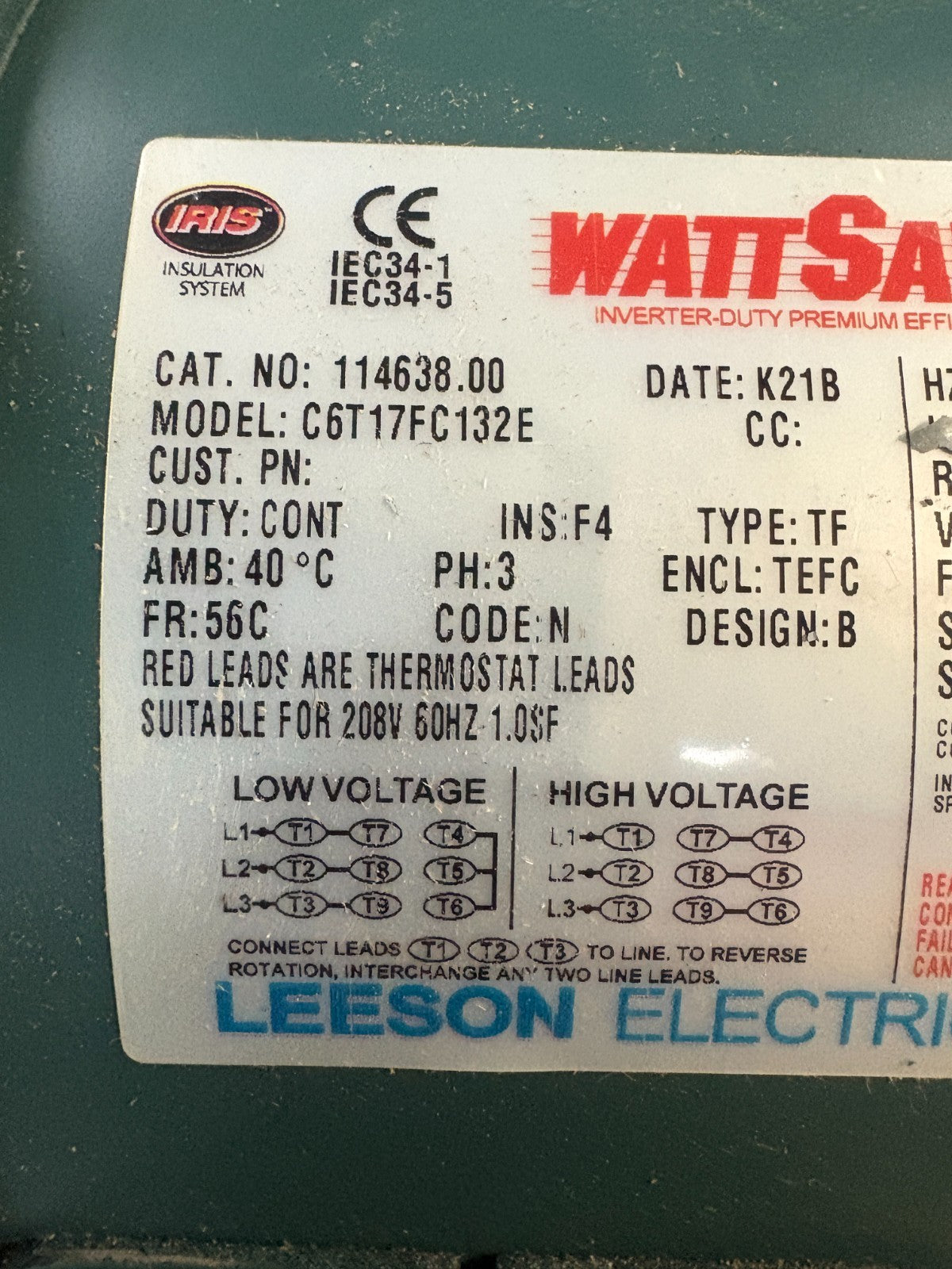 LEESON WATTSAVER 1HP PREMIUM MOTOR MODEL C6T17FC132E CAT #114638.002
